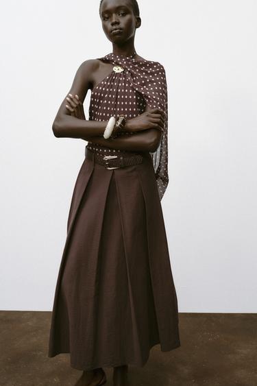 BELTED MIDI A-LINE SKIRT - Brown by Zara - Image 2