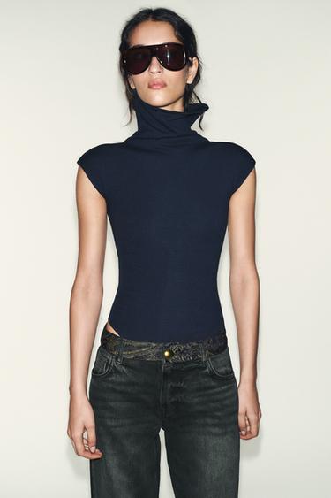 Zara COTTON HIGH COLLAR BODYSUIT - Navy blue