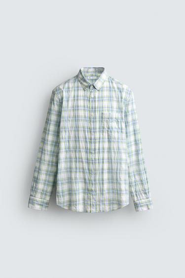 CAMISA REGULAR FIT CUADROS EFECTO ARRUGADO - Verde / Azul de Zara