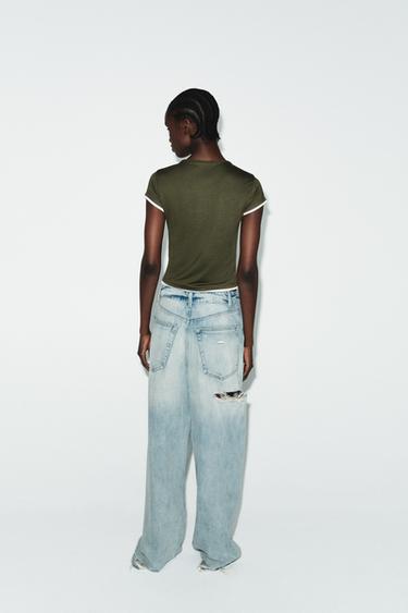 CONTRAST TRIM T-SHIRT - Dark khaki by Zara - Image 2