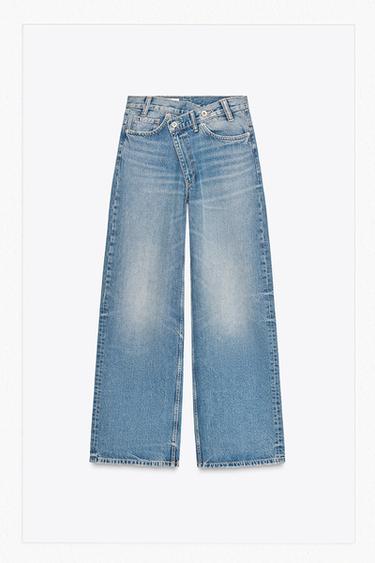 Zara TRF HIGH WAIST CROSSOVER WAIST WIDE LEG JEANS - Blue