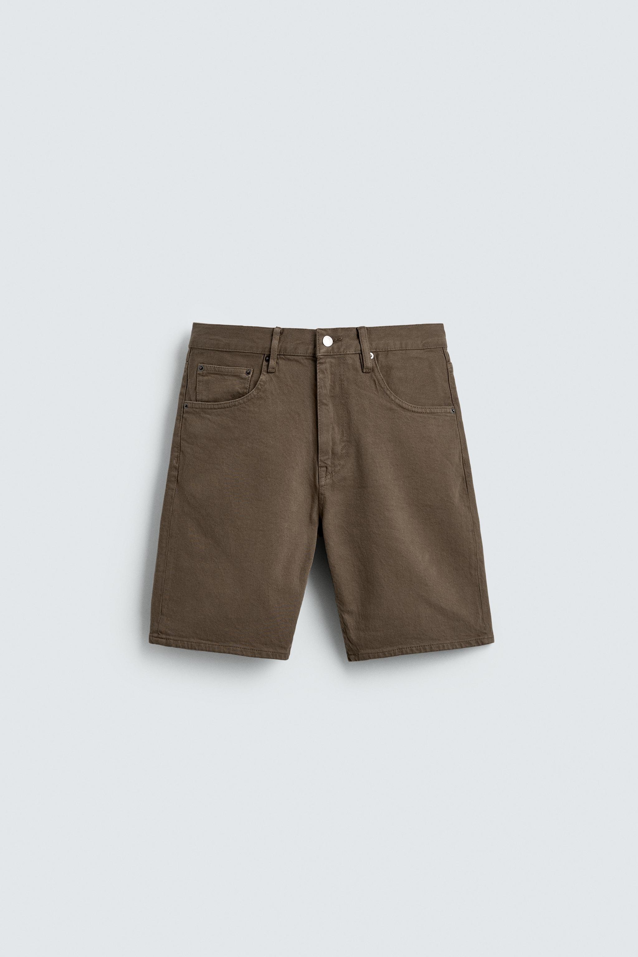 REGULAR FIT DENIM SHORTS — Brown