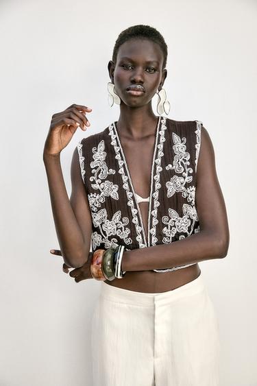 EMBROIDERED OPEN WAISTCOAT - Brown by Zara - Image 1