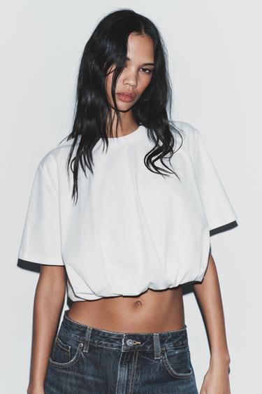 Zara PUFFY CROPPED T-SHIRT - White