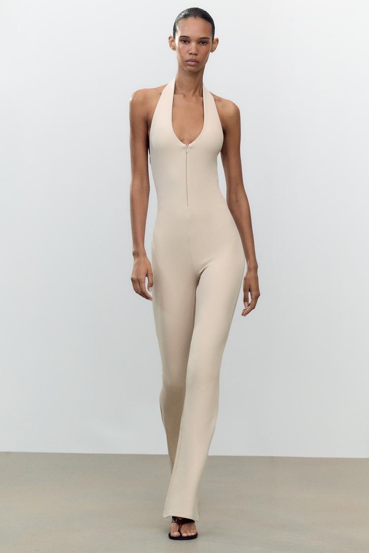 LONG HALTER INTERLOCK JUMPSUIT