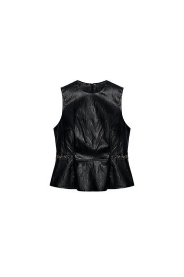 LEATHER EFFECT TOP WITH GOLDEN APPLIQUÉS - Black by Zara