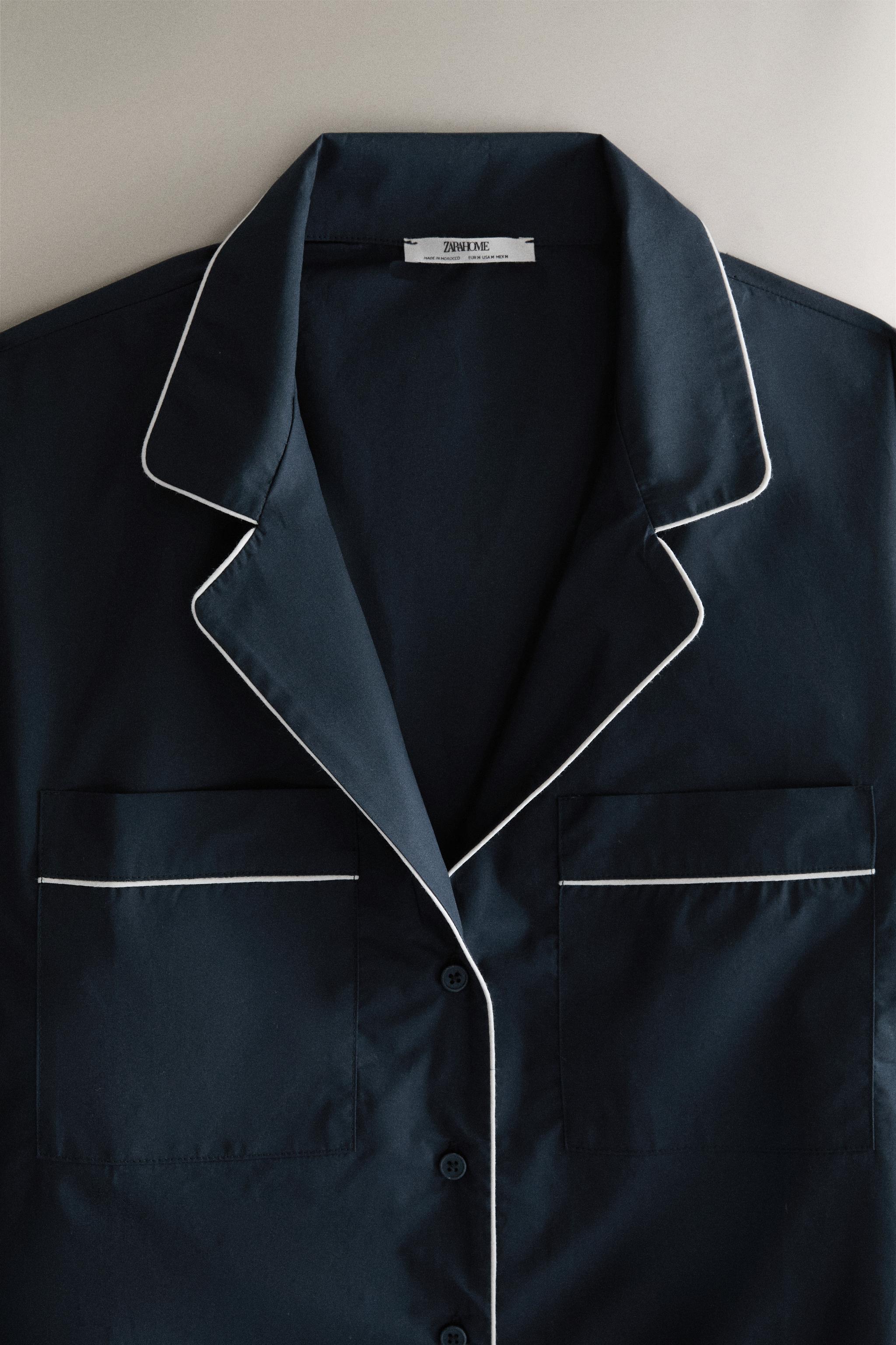 PIPING COTTON SHIRT — Navy blue