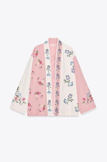 قفطان قطني بتطريز زهور - وردي by Zara