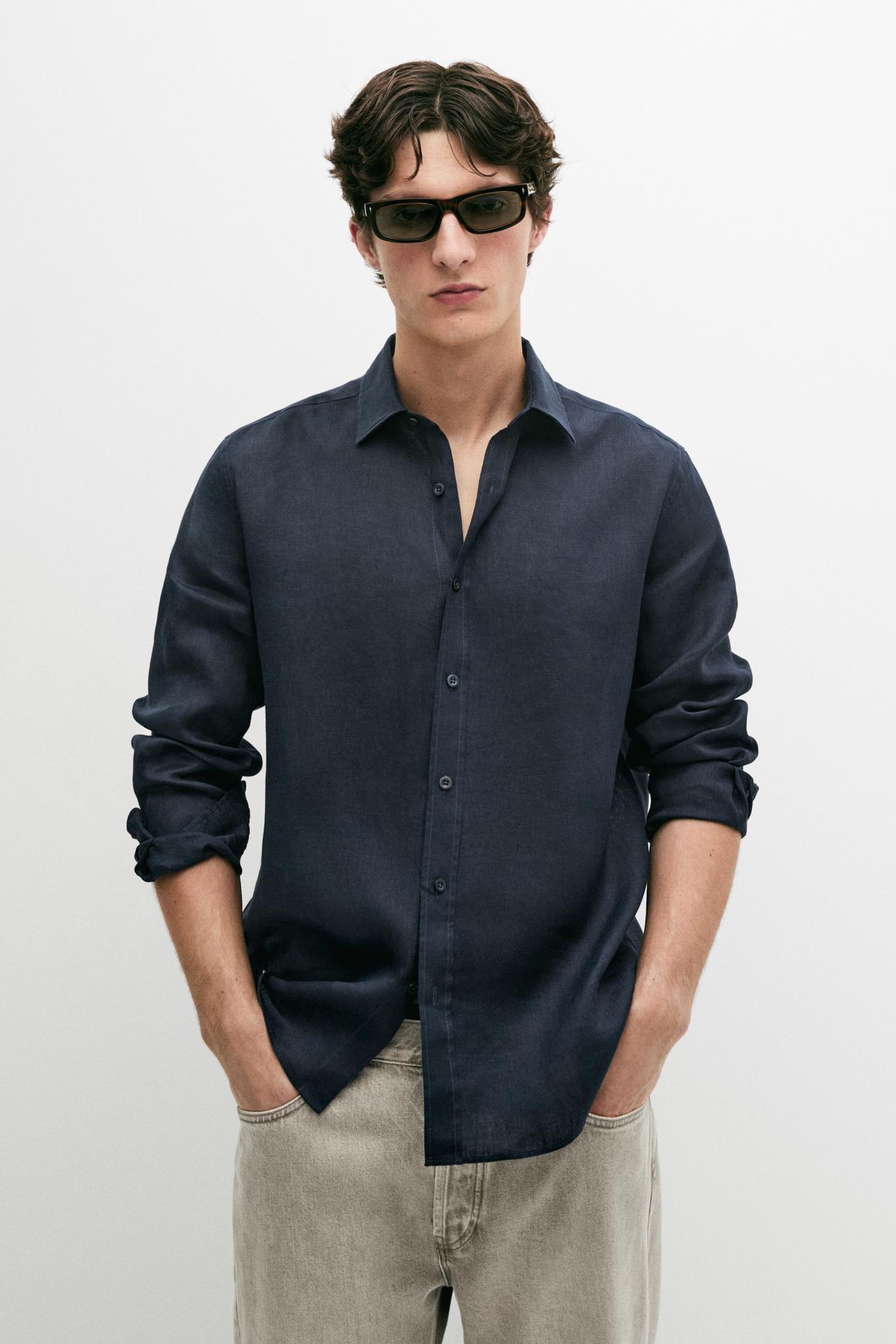 Slim fit 100% linen shirt — Navy blue