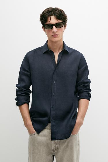 Zara Slim fit 100% linen shirt - Navy blue