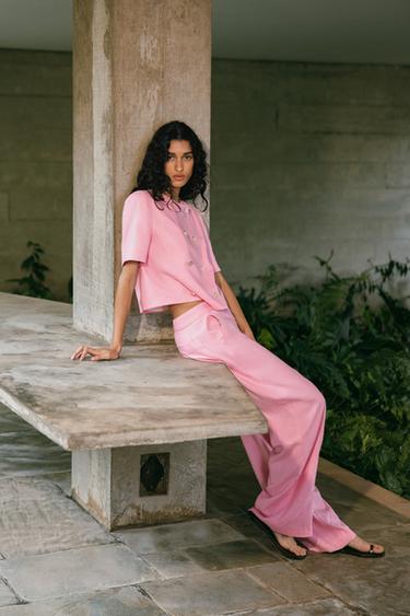 STRAIGHT-LEG LINEN BLEND TROUSERS - Pink by Zara - Image 2