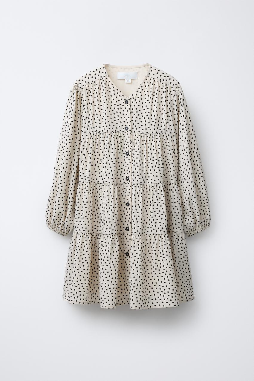 knee length dresses for ladies Long Sleeve White Polka Dot Tulle-Lace Midi Dress EU38 / Milk