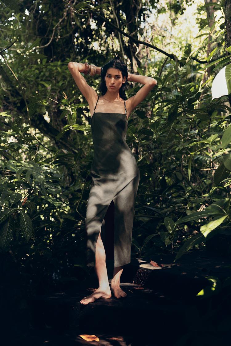 LINEN BLEND MIDI DRESS Dark khaki ZARA Australia