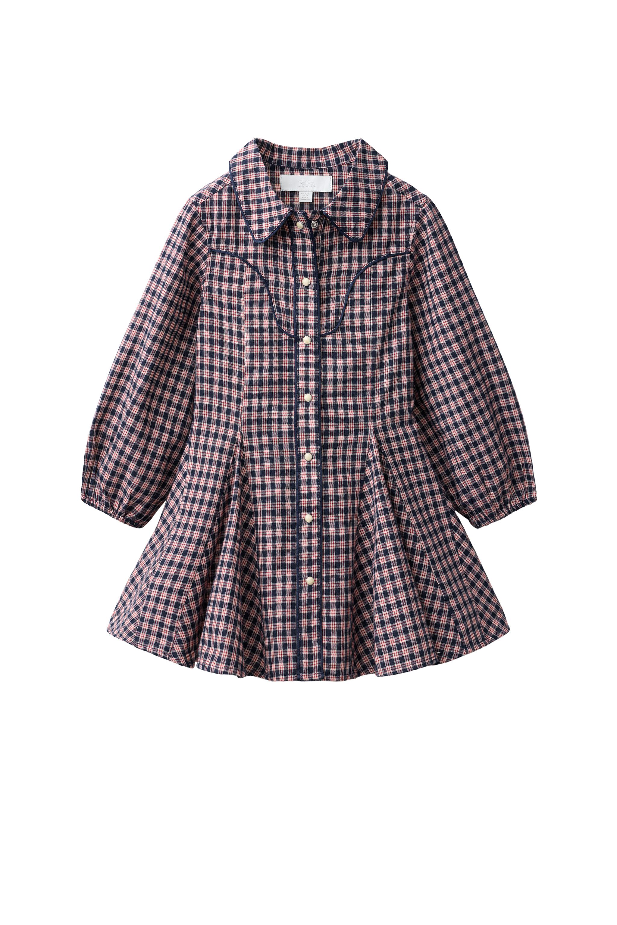 チェック柄Aラインワンピース - エクリュ/ブルー | ZARA Japan / 日本
