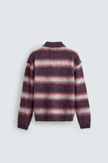 BRUSHED STRIPED KNIT POLO SHIRT - Wine by Zara - Image 6