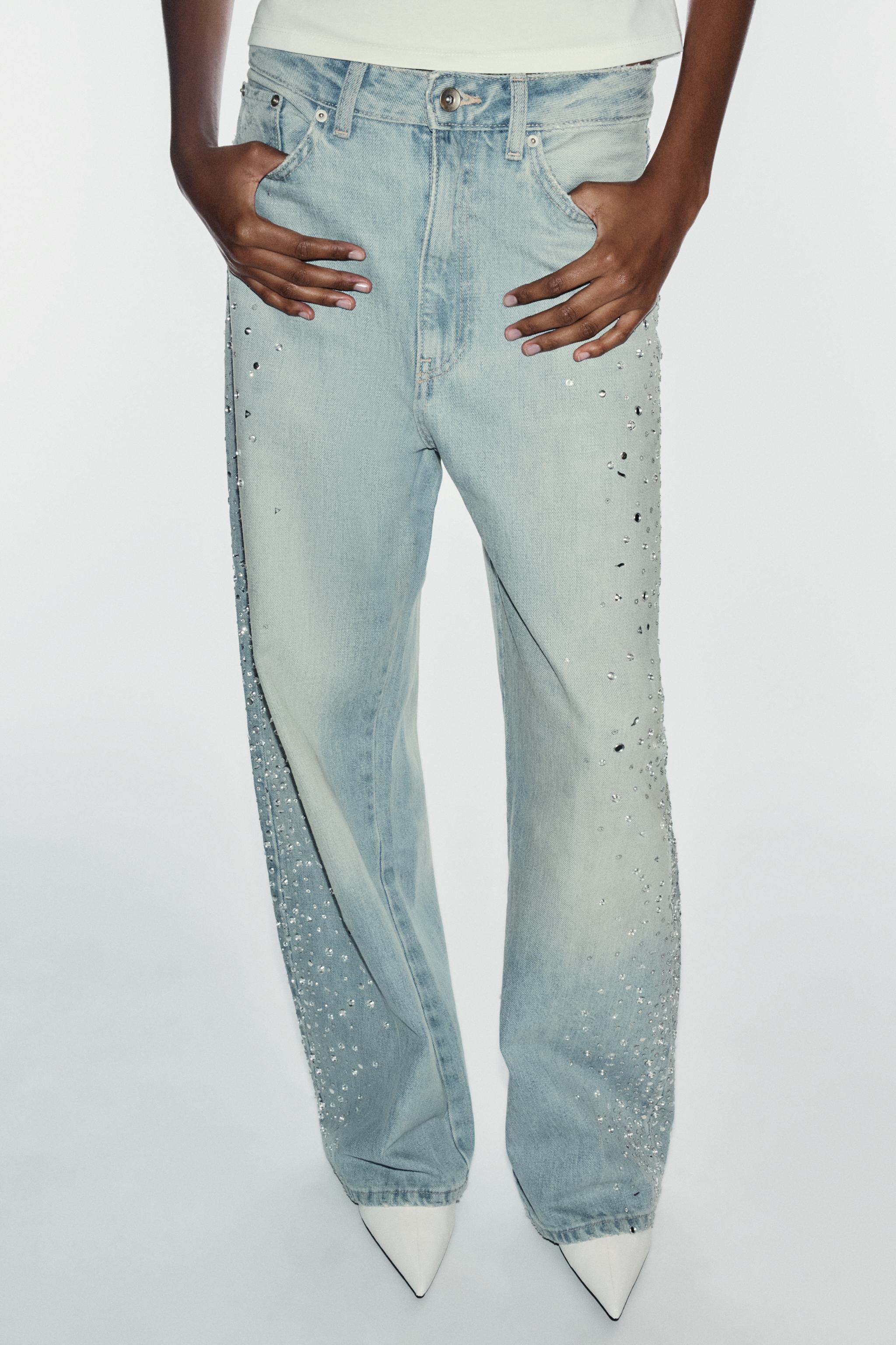 TRF RHINESTONE WIDE-LEG JEANS — Blue