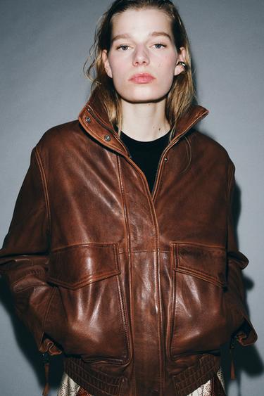 100% LEATHER BOMBER JACKET ZW COLLECTION LIMITED EDITION - Brown by Zara