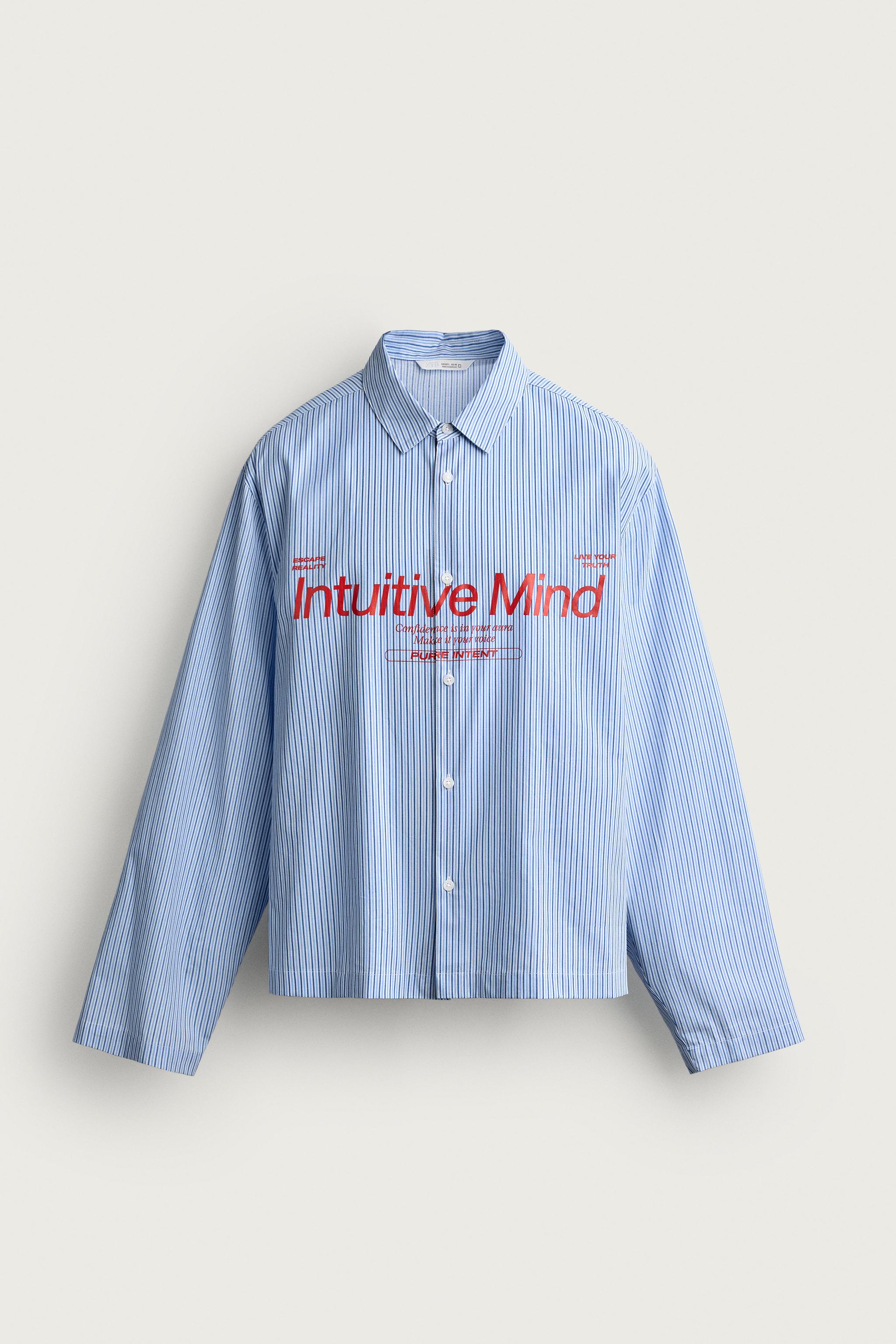 STRIPED TEXT PRINT RELAXED FIT SHIRT — striped