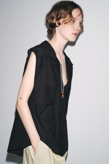 Zara ZW COLLECTION RAMIE BLEND PINTUCK SHIRT - Black
