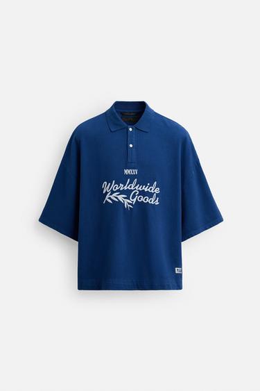 POLO TEXTO BORDADO - Azul de Zara