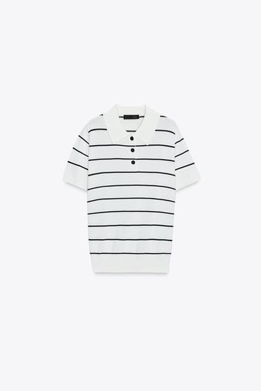 Zara SHORT SLEEVE KNIT POLO TOP - striped