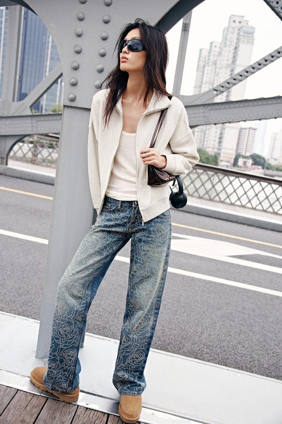 Zara 絨布拉鍊運動衫 - 斑紋灰色 - 圖片 0