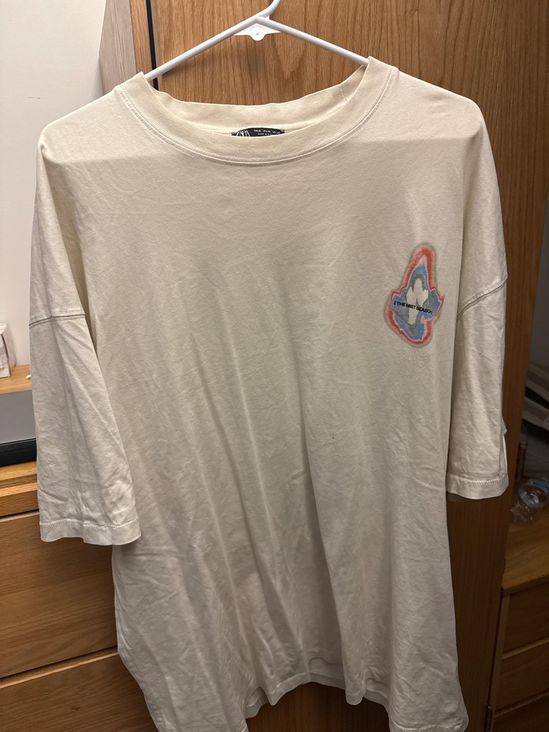 White t-shirt hanging on a hanger, with a colorful design on the chest that says "THE NEXT SEASON", on a wooden background.