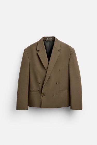 Zara WOOL BLEND CROPPED FIT BLAZER - taupe brown