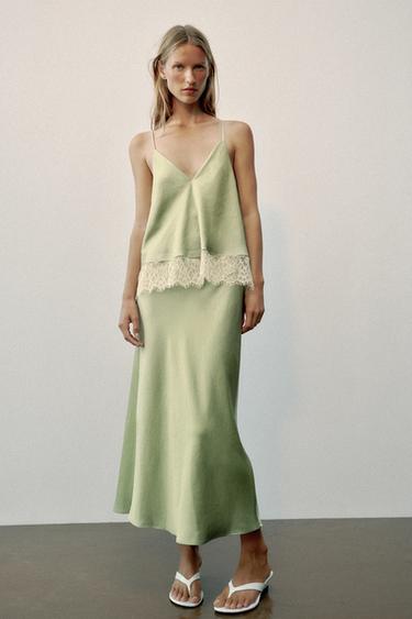 ROBE MIDI STYLE LINGERIE EN DENTELLE - Kaki clair de Zara