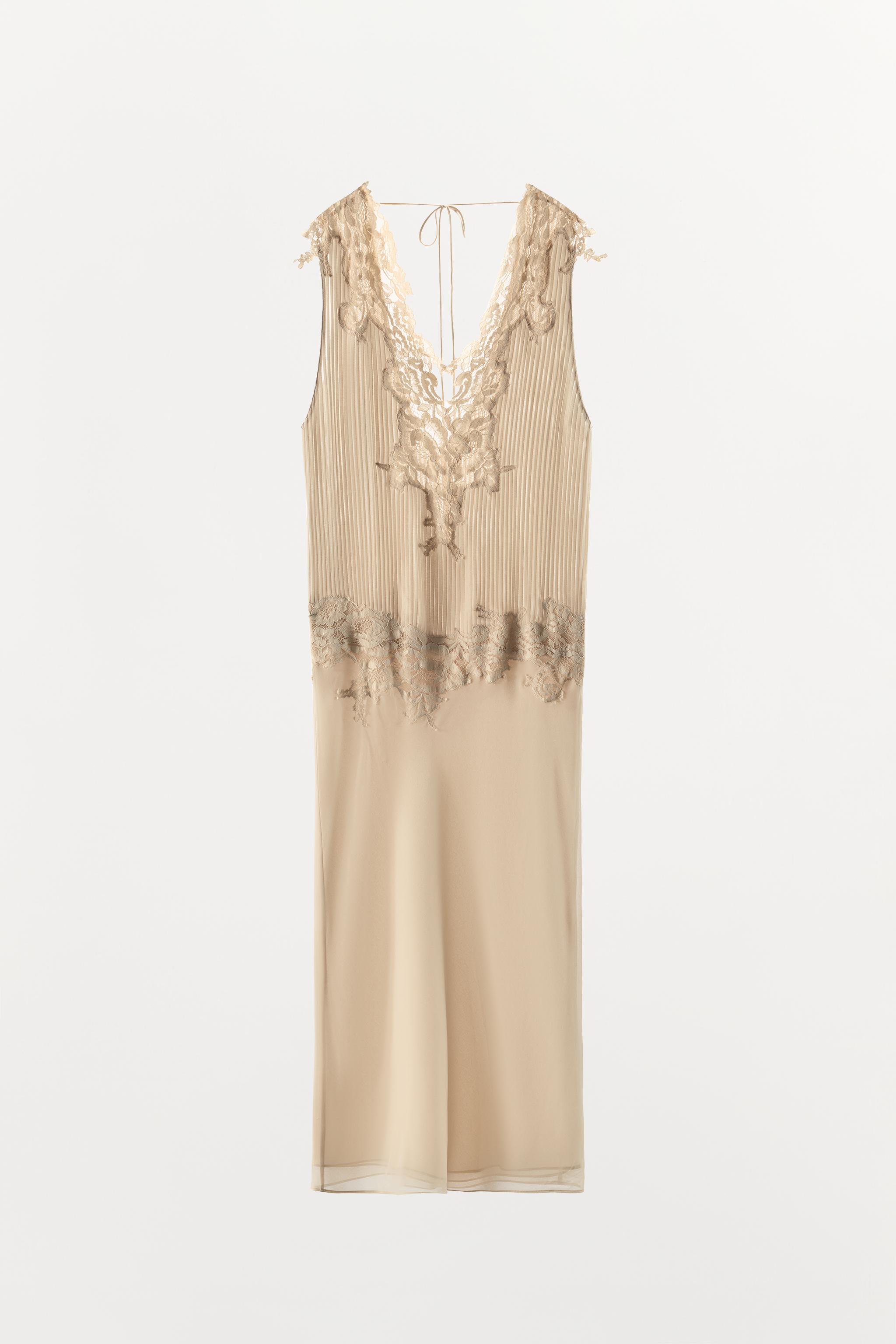 PLEATED LACE MIDI DRESS