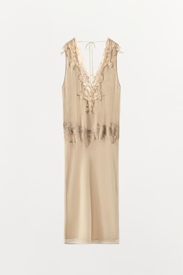 ROBE MI-LONGUE PLISSÉE ET DENTELLE - Beige chiné de Zara - Image 5