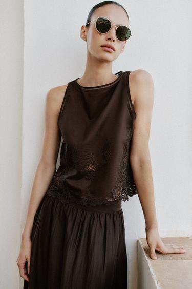 Zara EMBROIDERED LACE INSERT TOP - Brown