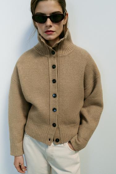 HIGH NECK CARDIGAN — taupe brown 1