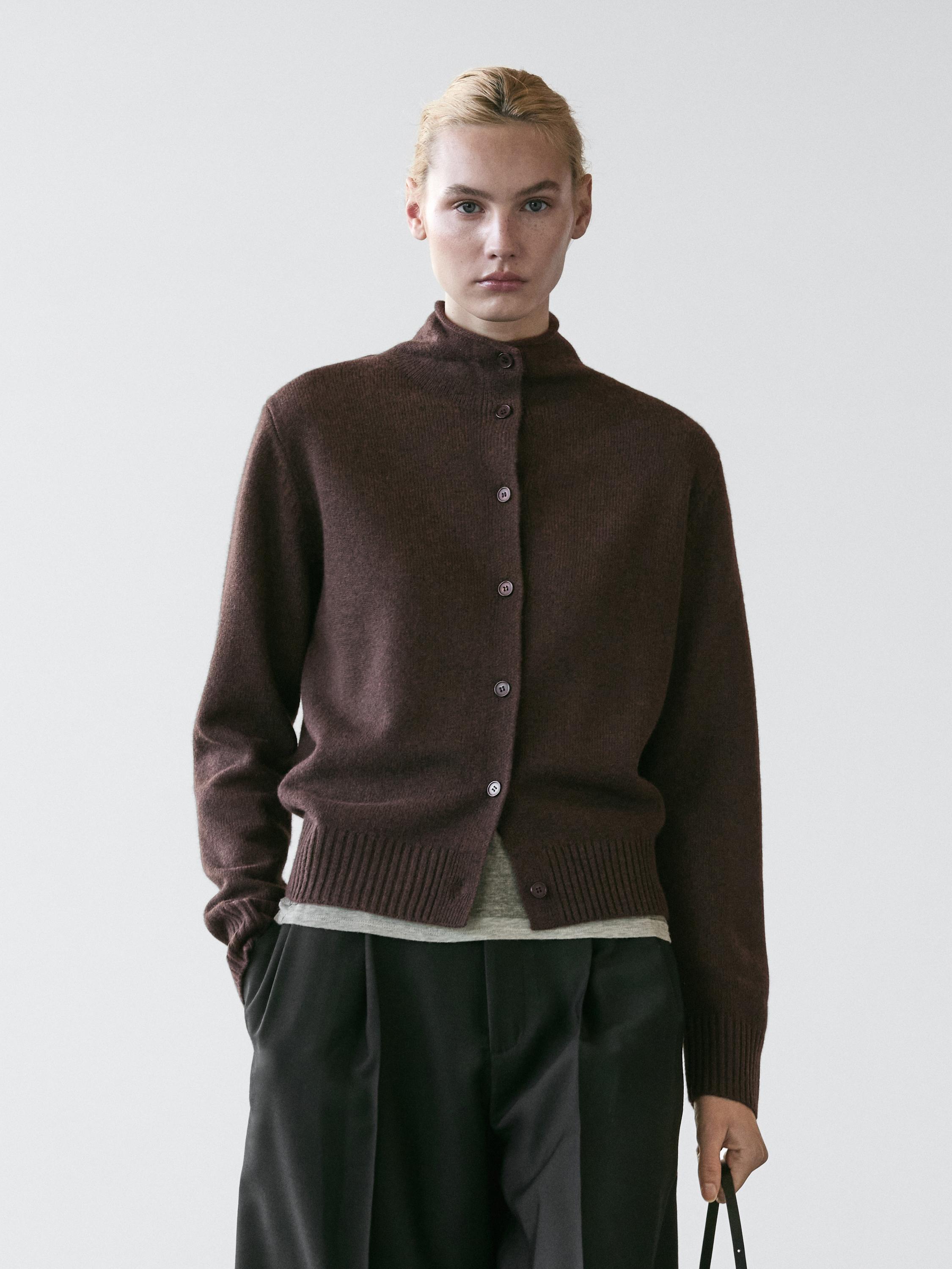 Wool high neck knit cardigan