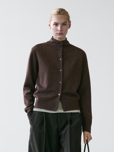 Zara Wool high neck knit cardigan - Chocolate