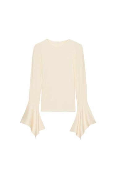 CAMISETA MANGA AMPLA COM BABADO - Branco-marfim da Zara
