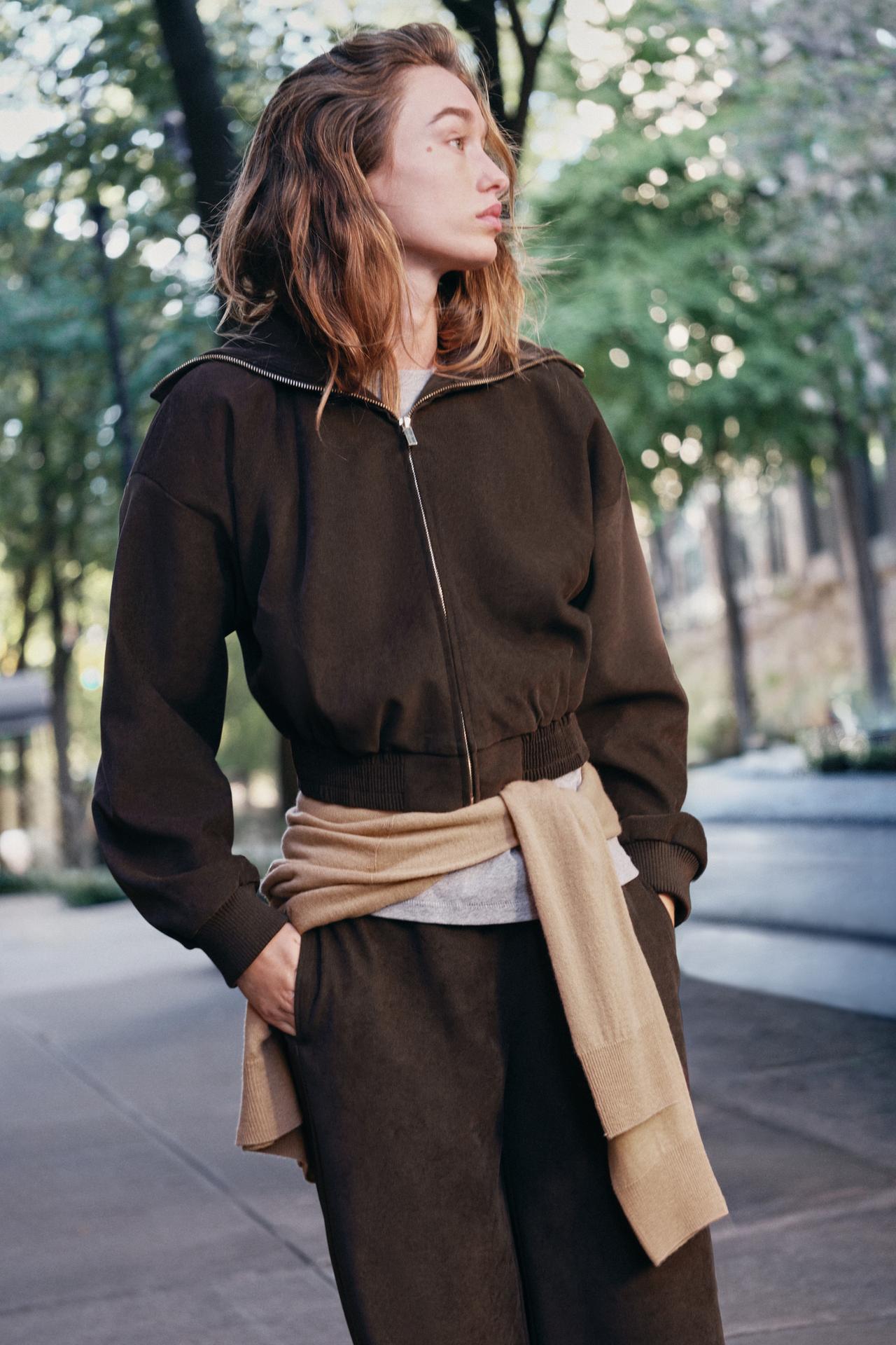 CROPPED RIB-COLLAR JACKET — Dark brown