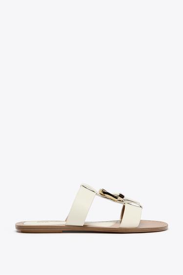 Zara DOUBLE STRAP BUCKLE FLAT SANDALS - white