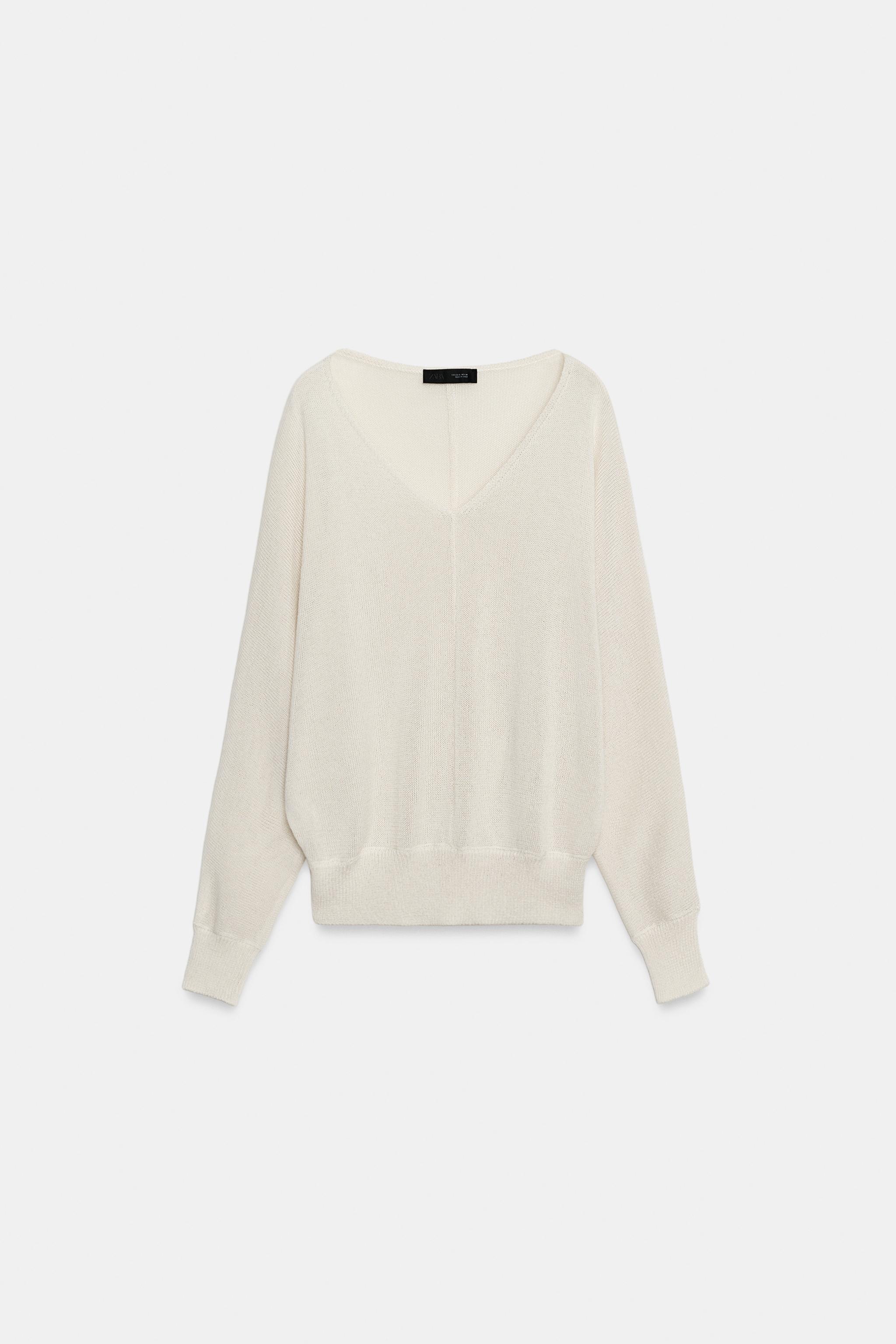 V-NECK KNIT JUMPER — Ecru