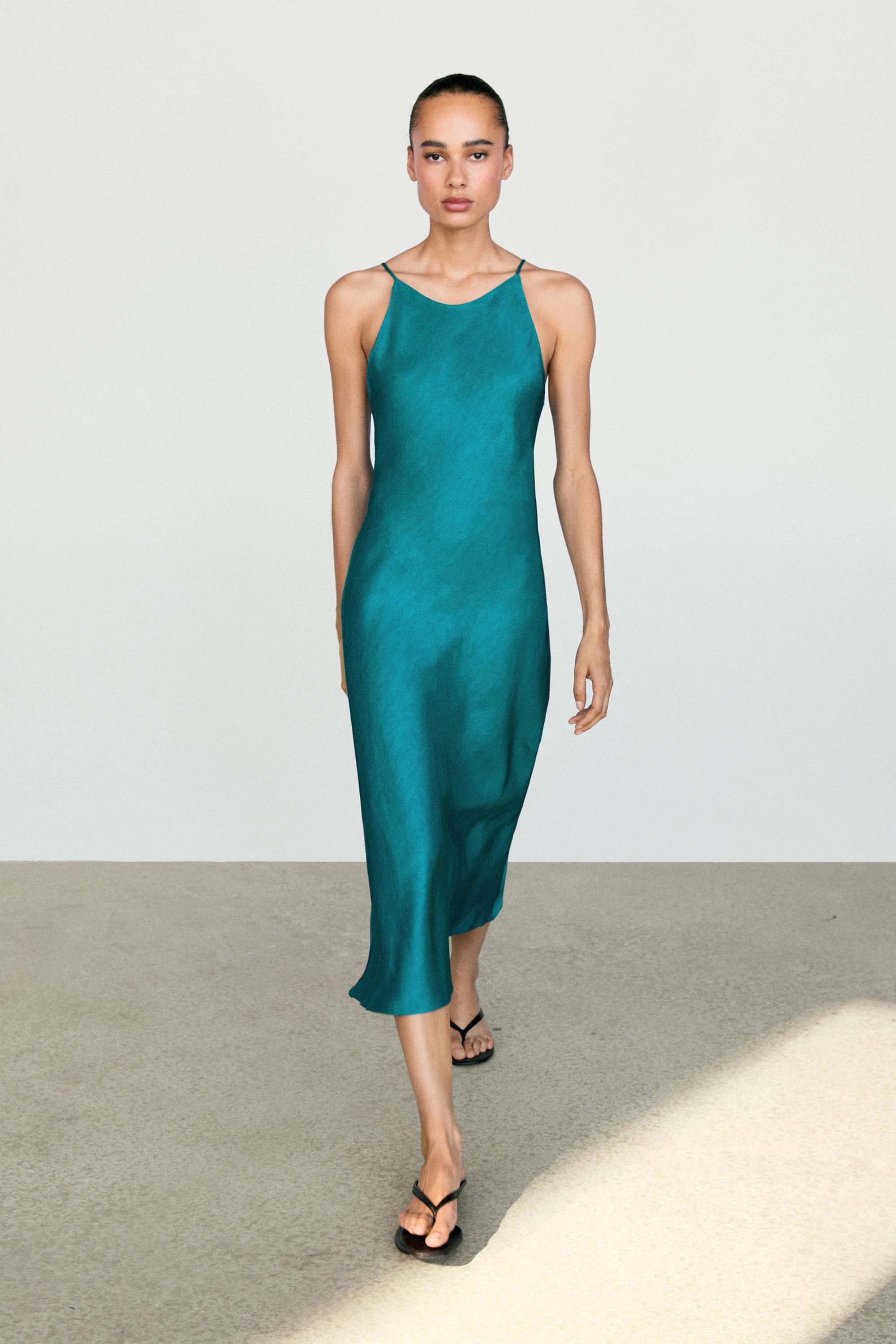 Flowing satin midi dress — Blue