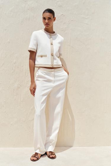 Zara CONTRAST SHORT SLEEVE BLAZER - Oyster-white