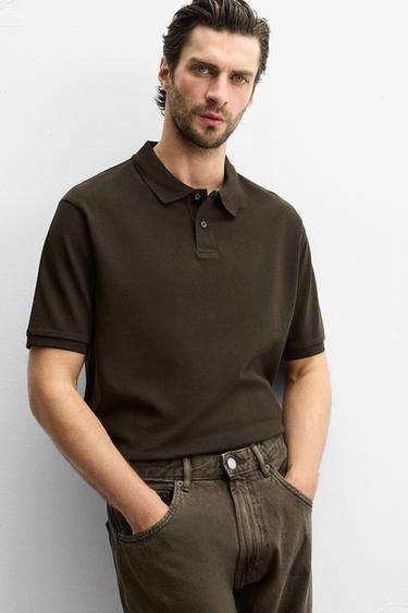 WASHED TEXTURED PIQUÉ POLO SHIRT - Brown by Zara