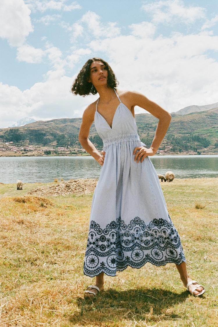 VESTIDO MIDI BORDADOS Azul Blanco ZARA Chile