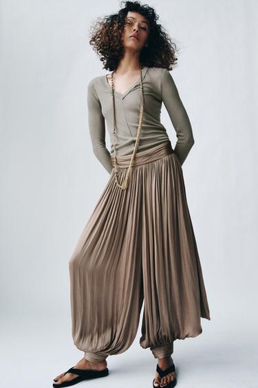 Zara 羅紋 V 領 T 恤 - 淺卡其色