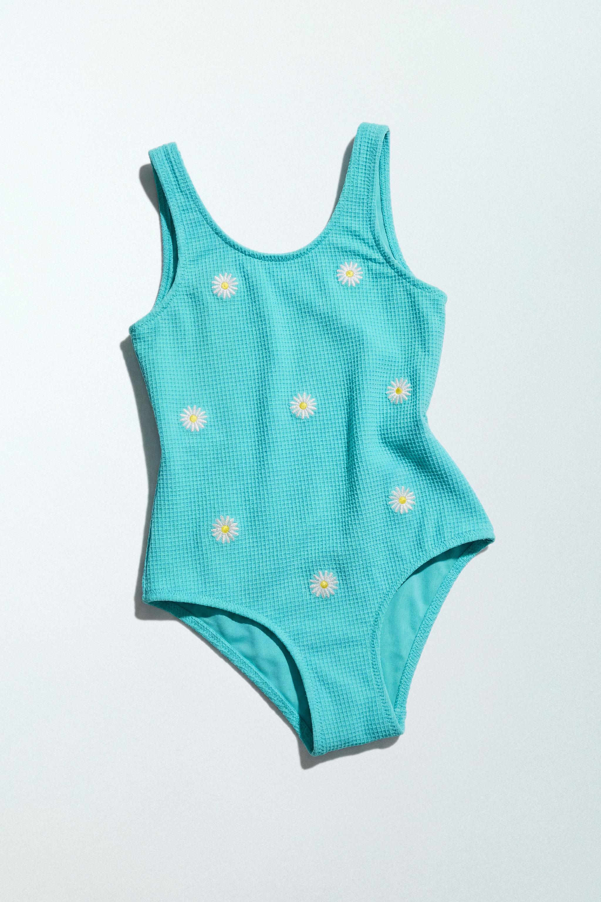 2-6 YEARS/ DAISY WAFFLE TEXTURE SWIMSUIT — Turquoise