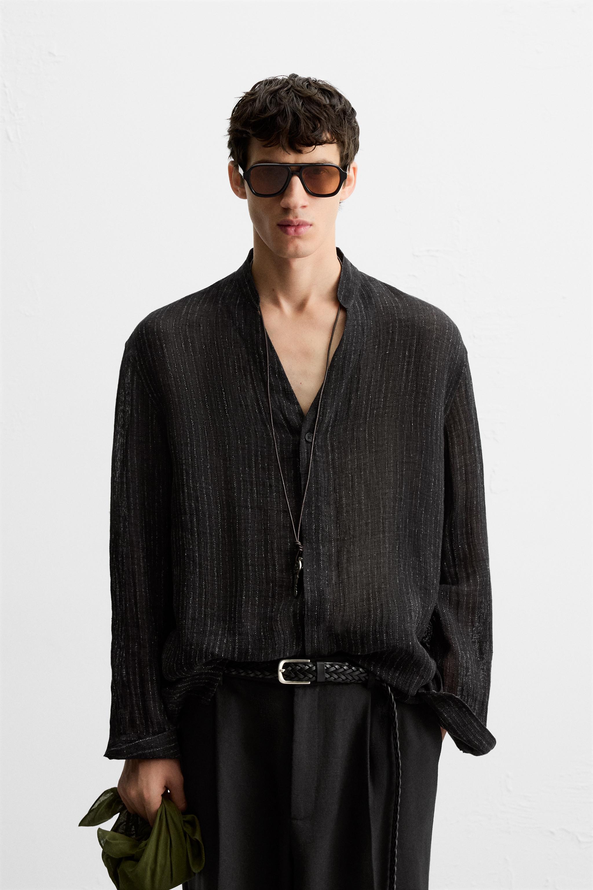 スペイン発送 ZARA 幾何学プリントシャツ ブラック カジュアル org.jpg