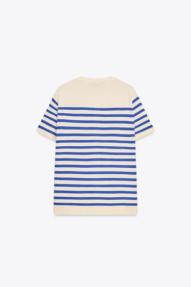 STRIPED KNIT SHORT SLEEVE CARDIGAN - Ecru / Blue by Zara - Image 4