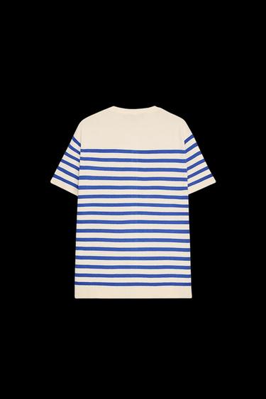 Zara STRIPED KNIT SHORT SLEEVE JACKET - Ecru / Blue