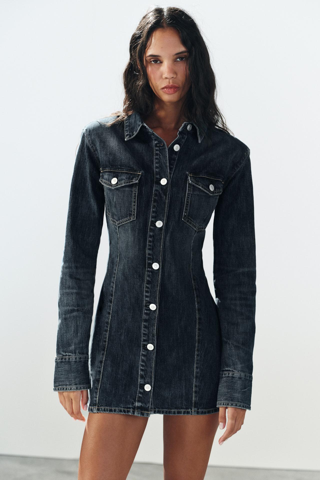 TRF SHOULDER-PAD DENIM MINI DRESS — Navy blue