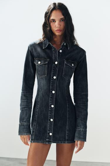 TRF SHOULDER-PAD DENIM MINI DRESS — Navy blue 1